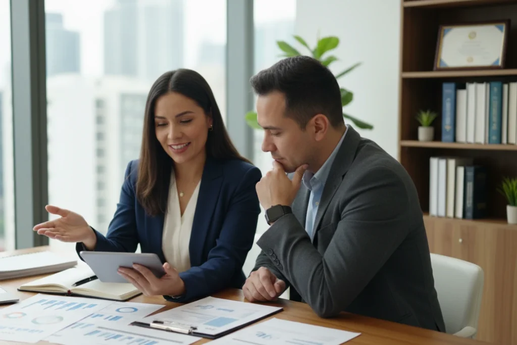 Persona latina sonriente recibiendo asesoría fiscal.