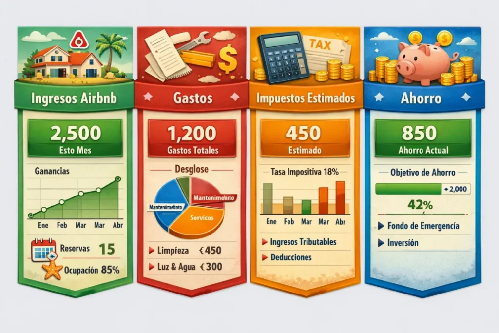 Panel de control con ingresos de Airbnb, gastos deducibles y cálculo de impuestos para mantener el límite del IRS sin estrés en Oakland
