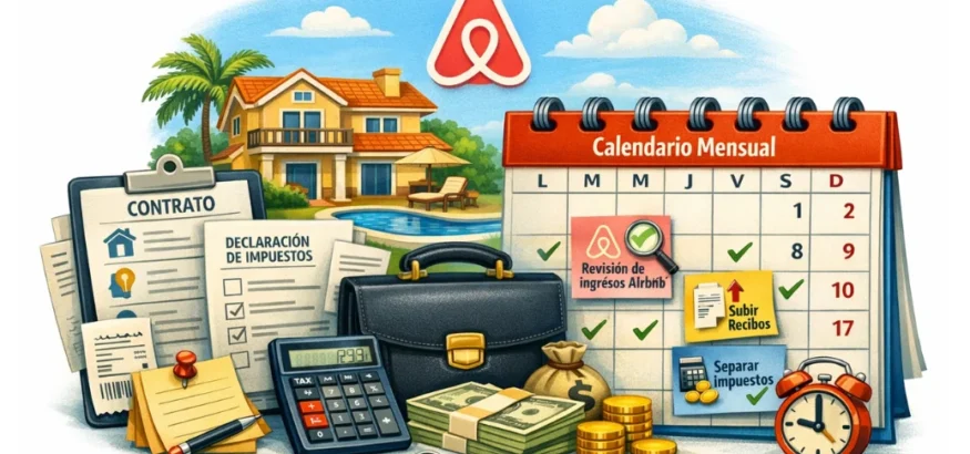 Ilustración conceptual de ingresos Airbnb y formalidad fiscal, con casa vacacional, documentos financieros, calendario, calculadora y maletín profesional