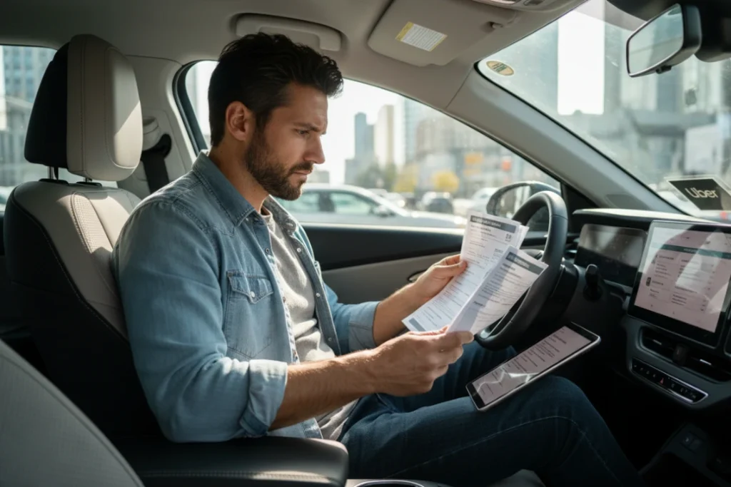 Conductor de Uber en Oakland revisando documentos de seguro para deducción de impuestos.