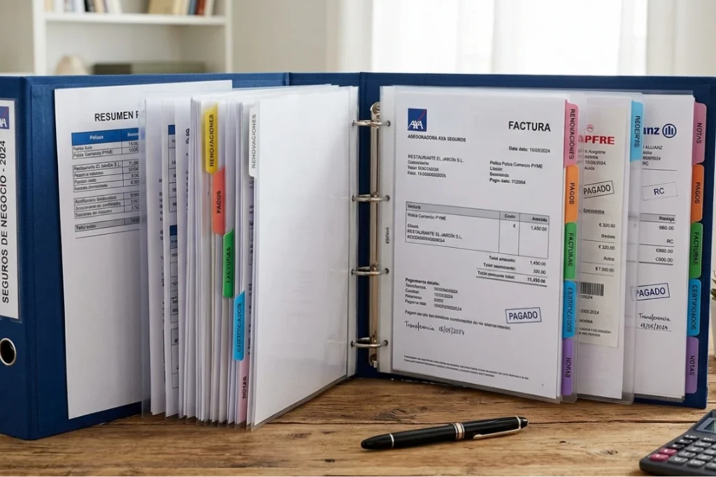 Carpeta con recibos y facturas organizadas para deducir seguros de negocio en impuestos.