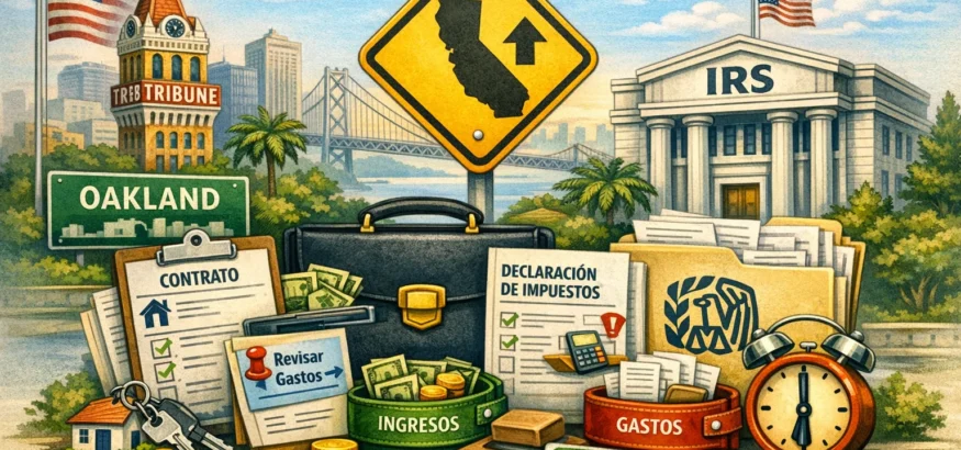 Ilustración conceptual del salto a la formalidad en Oakland, California, con elementos del IRS, documentos fiscales, contrato, señal de California y skyline urbano