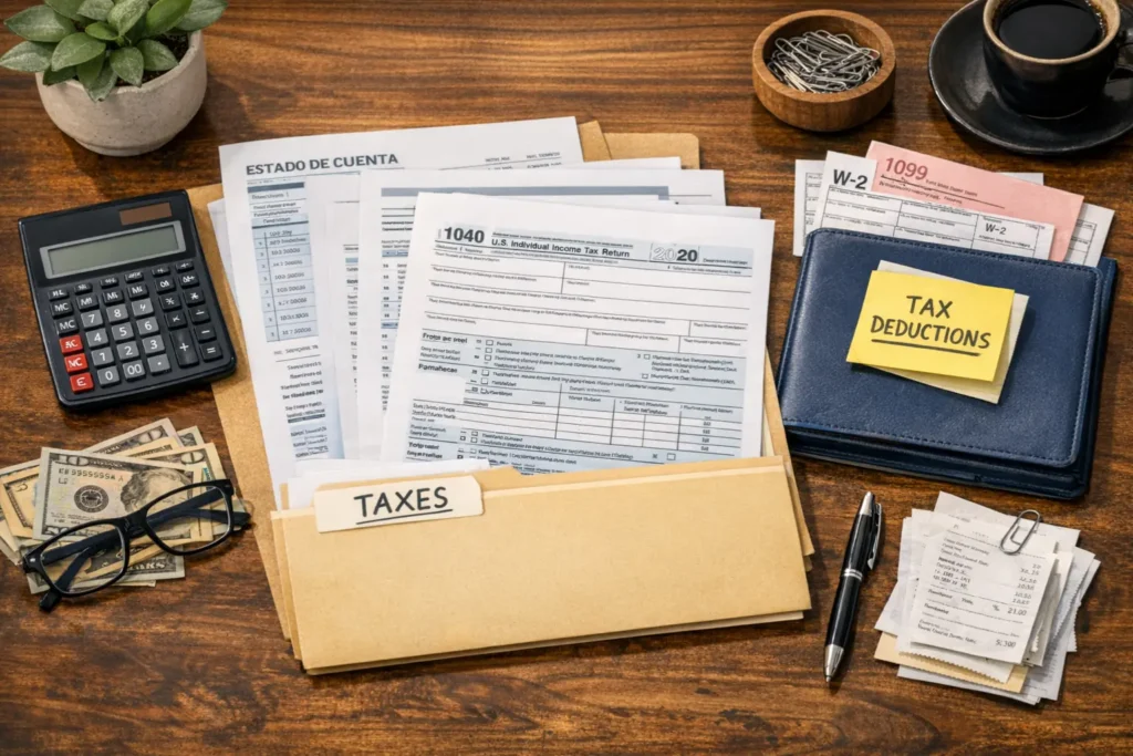 Documentos de hipoteca organizados para declaración de impuestos en Estados Unidos