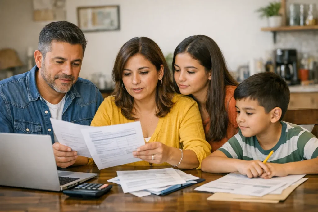 Familia latina revisando documentos de hipoteca para deducción de impuestos intereses hipotecarios  en Estados Unidos