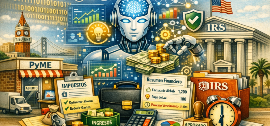Ilustración conceptual del impacto de la inteligencia artificial en PyMEs y los impuestos del IRS, con robot de IA, tienda pequeña, documentos fiscales y edificio del IRS.