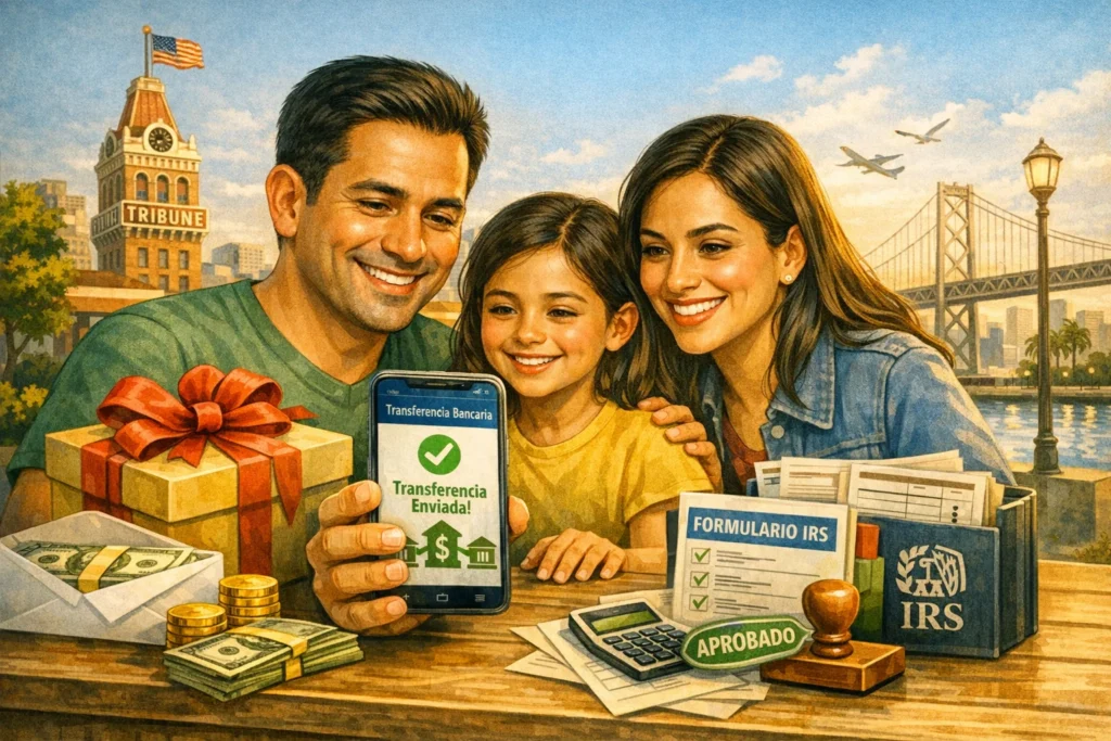 Familia latina en Oakland realizando un regalo de dinero respetando el límite del IRS sin estrés